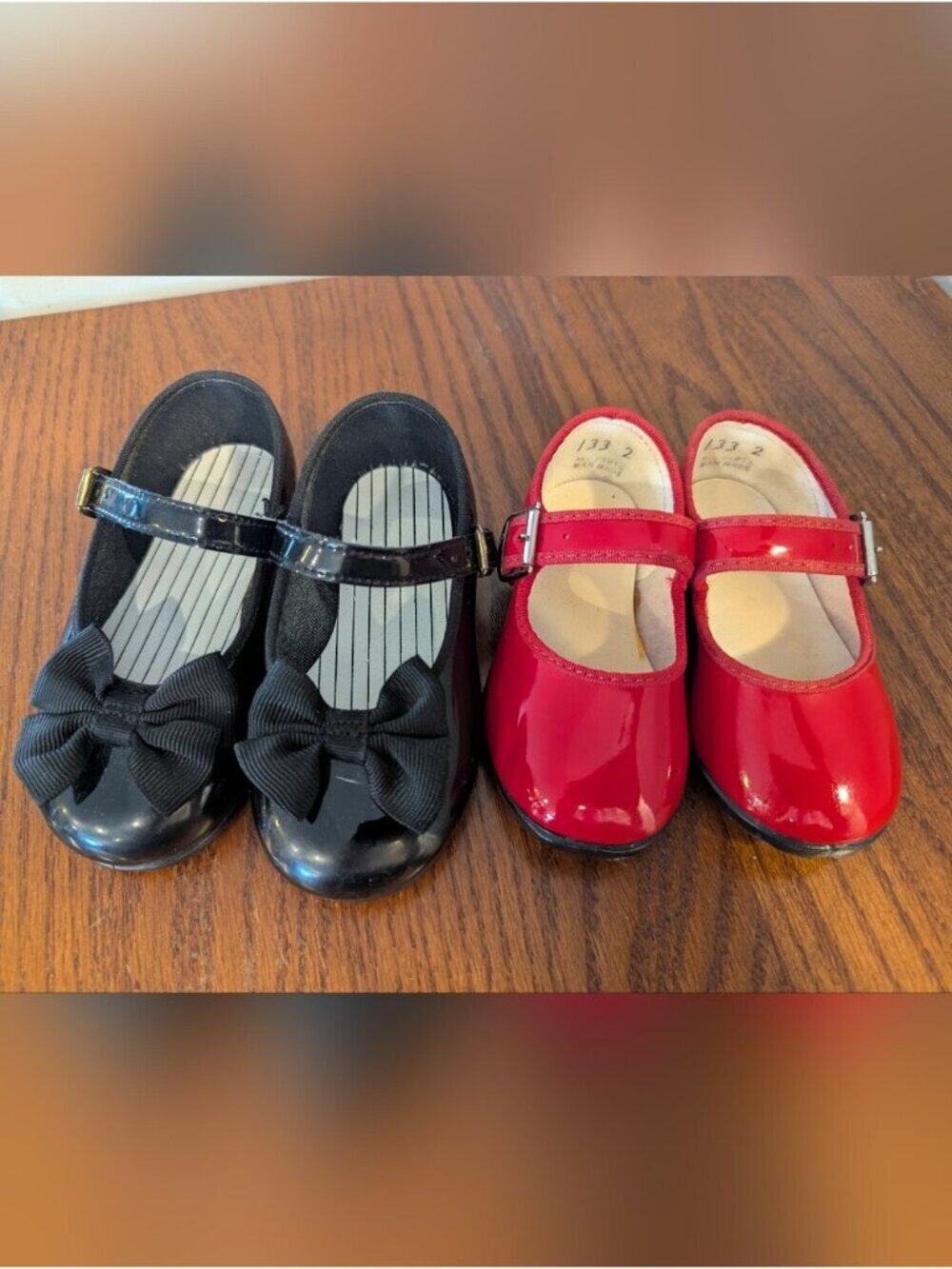 Toddletime vintage baby shoes Patent Leather 2 Pairs Red Sz 2 & Black Bow Sz 4